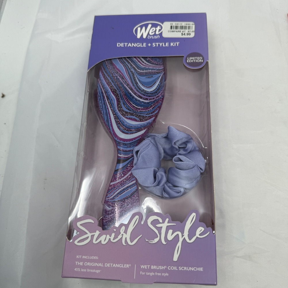 Wet Brush Swirl Style Detangle Kit Purple Marble Brush and Coil Scrunchie‎ NEW